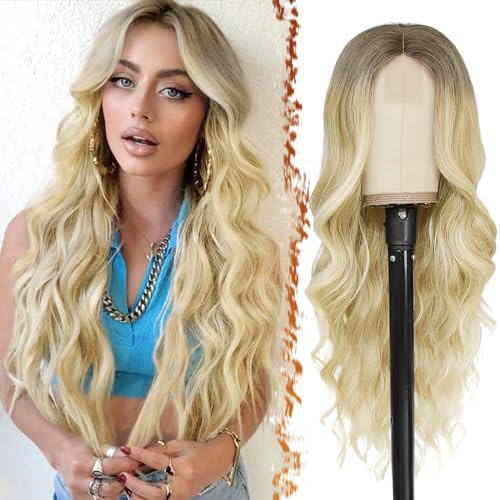 BARSDAR Lange Platin Blond Ombre Perücke, 66cm Lange Wellig Blond Perücke Mittelscheitel Lace Front Natürliche Synthetische Haar Replacement Perücken für Frauen Tägliche Party Halloween Perücken