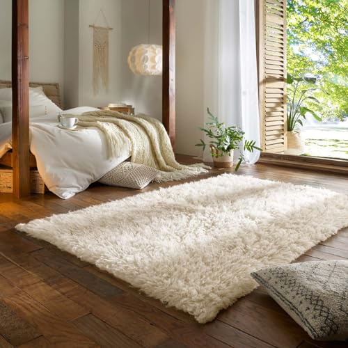 Taracarpet Teppich Wollteppich Flokati Diana aus Schurwolle, Schafwollteppich Hochflor Langflor fürs Wohnzimmer Schlafzimmer Esszimmer Weiss beige Creme 120x180 cm