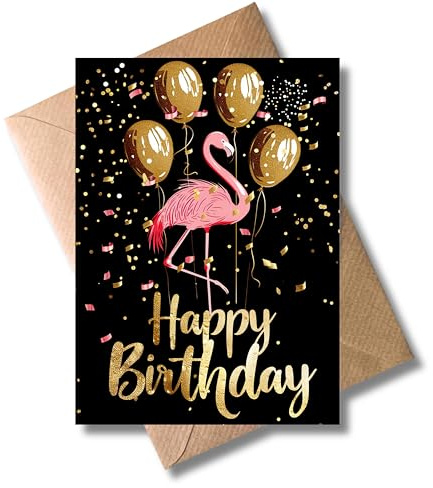 WBdesignz Geburtstagskarte “Happy Birthday mit Umschlag - Elegante schwarz goldene Karte mit Flamingo zum Geburtstag - Glückwunschkarte für Männer & Frauen (DIN A6)