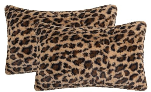 AGOKABA Leopard Print Faux Fur Throw Pillow Covers, 12 x 20 Inch, Set of 2, Soft Plush Animal Print Decorative Lumbar Cushion Cases for Sofa Bed Chair | Safari-Inspired Decor in Warm Terracotta Brown