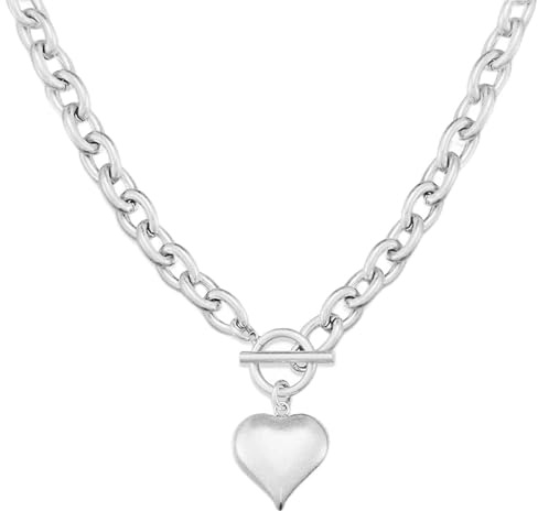 WOWORAMA Mattsilberne klobige Herz Halskette für Damen dicke klobige Kette Choker Halsketten große bauschige Halskette mit Herz Anhänger