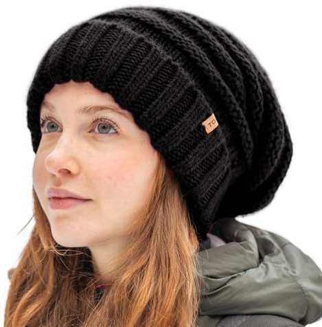 TOP-EX M/L/XL 100 % ull slouch beanie dam varm vintermössa, stickad mössa med fleecefoder, 95571_svart (satin), one size