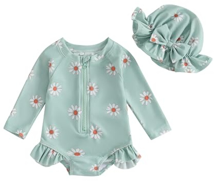 YILEEGOO Maillot de bain une pièce pour bébé fille avec chapeau à manches longues et fermeture éclair à motif floral, Vert, 2-3 ans