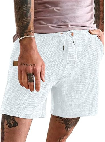 YAOBAOLE herr våffeltyg fritidsshorts – ventilerande sportshorts med dragsko, bekväm sommar bermuda, Vit, M