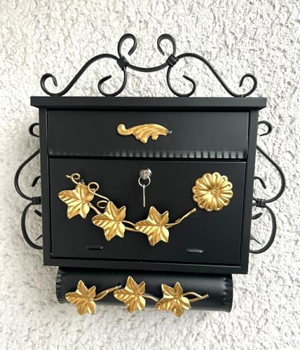 Briefkasten Postkasten Wandbriefkasten Rustikal Antik aus Schmiedeeisen mit Zeitungsrolle Farbe: Schwarz - Gold Effekt - Neu