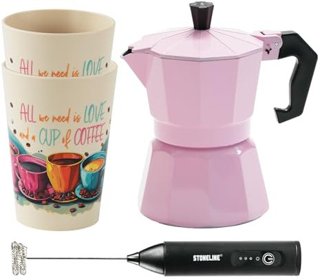 STONELINE Cafetière Moka Induction 170 ml, 4 Tasses, Cafetière Italienne en Fonte d‘Aluminium, Tous Feux dont Induction, Machine Espresso Café Expresso Set avec Gobelets & Mousseur à Lait, Rose
