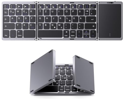 OMOTON Bluetooth-Faltbare-Tastatur, Kabellose Wiederaufladbare Klapptastatur mit Touchpad,3 Bluetooth Kanälen,Tragbare Mini Tastatur für iOS, Android, Windows,QWERTZ