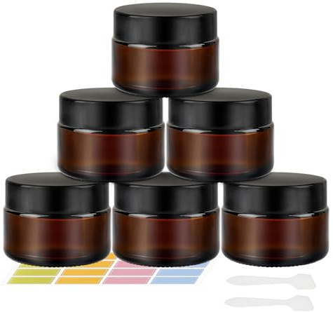 6 Stück bernsteinfarbene Glasdosen, 30 ml, leere Kosmetikdosen mit Deckel und Inneneinsätzen, Reisetöpfe mit Spatel und Etiketten für Toilettenartikel, Kosmetik, Puder, Lotion, Cremes, Behälter