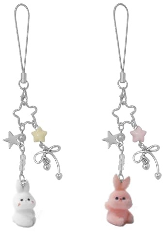 Nalefow Niedlicher Handy-Charm, flauschige Katze, ästhetischer Y2K-Handyanhänger für Tasche, Kamera, Dekoration, Weiß und Rosa