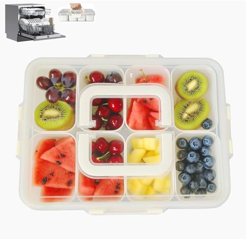 Kwybei Snackbox mit 8 Fächern, Snackschale aus PP Spülmaschinenfest,Snackteller mit Deckel und Griff,Snackdose Organizer für Obst Dessert Süßigkeiten Nüsse Gemüse (1 Stück)