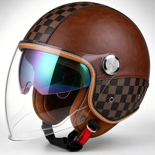 Retro Jethelm 3/4 mit Doppelvisier, Motorradhelm DOT/ECE Zertifiziert für Herren und Damen - Ideal für Moped, Mofa, Scooter und Roller, Halbschalenhelm