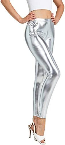 NewL Leggings Deportivos metálicos Brillantes para Mujer, Pantalones de lápiz Brillantes, Pantalones de Fitness a la Moda, Color Caramelo, Plata, XS Slim