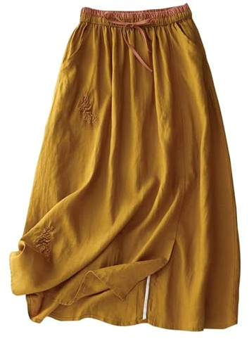 Maxirock Damen Sommer,Sommer Midi Leinen Röcke Elegant Leichte Leinenrock Basic Casual Faltenrock Langer Luftiger Röcke Breitersaum Hohe Taille Knielang Strandrock Langrock mit Taschen