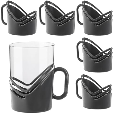 KADAX Teeglashalter mit Henkel, 6er Set, Halter aus hitzebeständigem Kunststoff für Teegläser und Kaffeegläser, ideal für heiße Getränke wie Tee und Kaffee (Dunkelgrau)