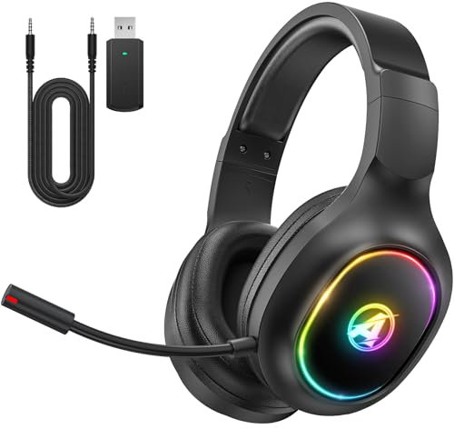 Awinnasey PH1 2.4GHz Wireless Gaming Headset for PS5, PS4, PC, Switch, Bluetooth Headset with 3.5mm Jack, Wireless Gaming Headphones with Microphone, 7.1 Stereo Sound, Low Latency, Matte Black