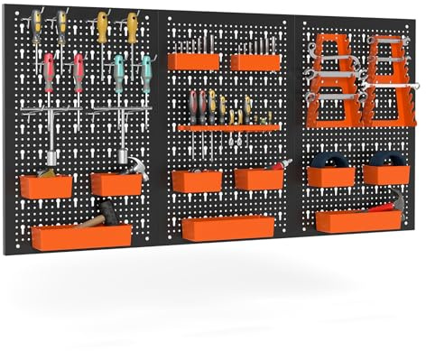 COSTWAY Organiseur Mural en Panneau Perforé, Rangement d'Outils en Métal avec 3 Panneaux 26 Accessoires de Suspension, Porte-outils à 9 Bacs Fixé au Mur, pour Garage Atelier Entrepôt, Noir + Orange