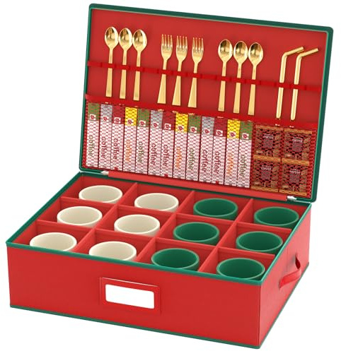 VERONLY Aufbewahrungsbox für Weihnachtsbecher und Tassen, mit Trennwänden, Hartschale, für 12 Gläser mit Netztasche, Deckel, Griffen für Urlaub, 43 x 33 x 16 cm