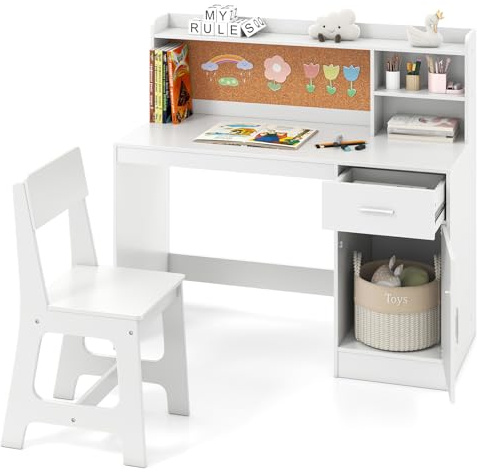 DREAMADE Schreibtisch Kinder mit Stuhl, Schülerschreibtisch aus Holz mit Schublade & offener Ablagefächer & Regal & Pinnwand, Jugendschreibtisch Schreibtischsets für Kinder ab 3 Jahren (Weiß)