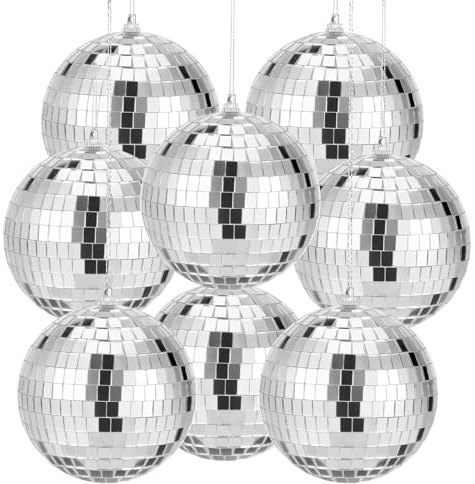 SHENLIU 8 Pack Mirror Disco Ball, 4 Inch Small Mirror Ball Ornaments Silver Hanging Disco Balls with Attached String for Reflect Light, Party Favor, Home Bands Decorations, Stage Props, Christmas