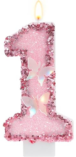 Pink Butterfly Number 1 Birthday Candle, Glitter Sequins Candle Cake Topper, Cupcake Decorations for Anniversary Celebrations Party Supplies