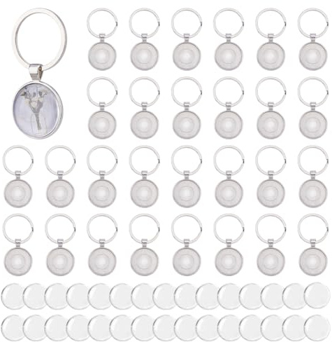 DICOSMETIC 30 Schlüsselanhänger Mit Anhängerschale 25mm Runde Schalen Cabochonfassung Schlüsselanhänger Platinlegierung Fotorahmen Schlüsselanhängerrohlinge Für Resin Personalisierte Bastelprojekte