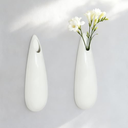 Duoqulou 2 Pack White Ceramic Wall Vases,11.8 Inch/30 CM Wall Planter for Indoor Plants,Modern Hanging Flower Pot, Wall Mounted Succulent Planter for Indoor Decor
