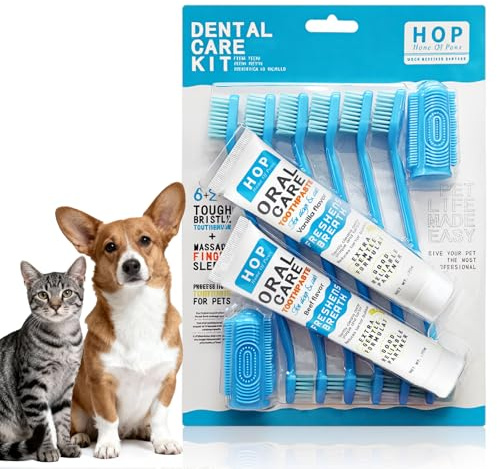 Dog Toothbrush and Toothpaste Kit - 2 x Toothpaste, 6 x Double-Ended Tooth Brush, 2 x Finger Toothbrush, Clean Pet's Teeth, Remove Tartar and Bad Breath