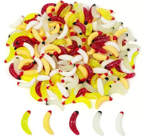 QVXQVX 200 Pcs Realistic Soft Plastic Baits, Fake Maggots, Artificial Wax Worms for Freshwater Saltwater Lake Trout Ice Fishing Lure (Multicolor)