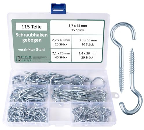 DSM – 115 teiliges Set Schraubhaken – Holzgewinde – galv. verzinkt | gebogen [TrueSpec Präzision] geeignet für Holz, Beton & Mauerwerk – Wandhaken, Deckenhaken, Hakenschrauben, Schraubenhaken