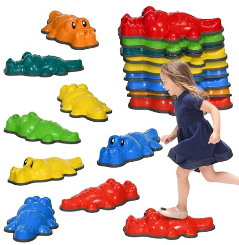 ZONEKIZ Kids Stepping Stones, Crocodile-Designed Sensory Toy 9PCs with Anti-Slip Edge, Stackable Indoor Outdoor Obstacle Courses