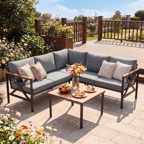 eslohnt Metal Gartenmöbel Set,6-Teiliges,L-Form Outdoor Sofa mit Couchtisch und 10cm Olefin-Schaumstoffkissen,Wetterfest Lounge für Garten,Terrasse,Pool,Unterhaltungssets bis 6 Personen,Grau