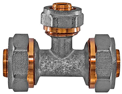 MegaHaustechnik T-Stück Mitten-Abgang reduziert Schraubfitting für Mehrschichtverbundrohr 26x3 16x2 26x3 mm (AußenØ x Wandstärke) aus Messing Verschraubung Verbinder Trinkwasser geeignet