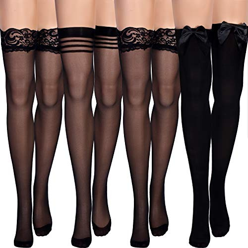 Silk Thigh High Stocking for Women Lace Silicone Socks Satin Bow Top Stocking (Black)