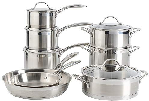 ProCook Professional Stainless Steel Cookware Set Uncoated Induction & Oven Safe Pans Cooking Pots - 8 Piece,14/16/18cm Saucepans, 20/28cm Frying Pans, 20cm Stockpot & Steamer, 24cm Сasserole Dish