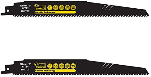 SabreCut SCRS1140HM_2 Lot de 2 lames de scie sabre en carbure de tungstène 6 TPI S1140HM 228 mm pour béton cellulaire, brique, plastique et métal, coupe droite compatible avec Bosch Dewalt et autres