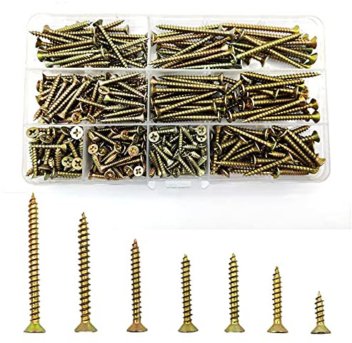 335 Pcs Self Tapping Wood Screw Assortment Kit, Assorted Cross Pan Head Countersunk Zinc-Plated Concrete Screws, Drywall Screws for Door Hinges, Repairs, DIY Project
