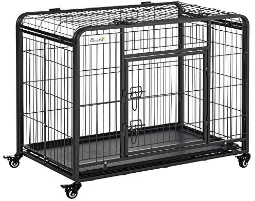 PawHut Transportbox Faltbarer Transportkäfig mit Rädern 2 abschließbare Türen und abnehmbares Tablett Metall Grau+Schwarz 94 x 58 x 69,5 cm