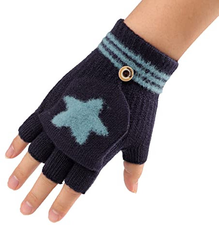 AfinderDE Kinder Fausthandschuhe Mit Abnehmbarer Klappe - Strickhandschuhe Für Mädchen Und Jungen, Fäustlinge, Fingerlos, Halb Fingerhandschuhe, Winterhandschuhe (Blau 2)