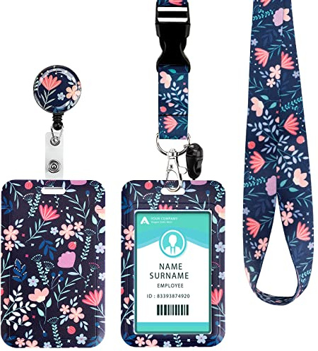 Porta Tarjetas Identificativas, Lanyard con Tarjetero, ID Card Badges Holder Extensible con Cordón para el Cuello de la Escuela, Oficinas(Pink Blue Flower)