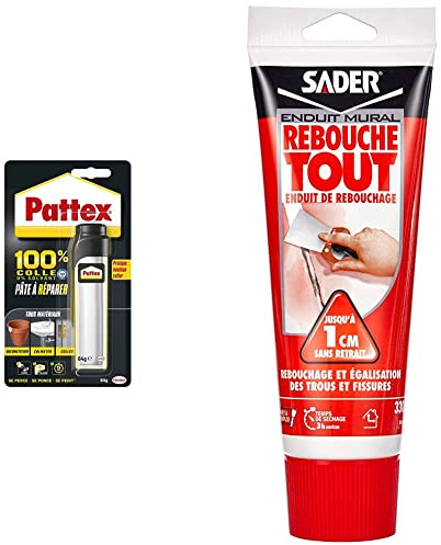 Pattex 100% Pâte à réparer multi-usages, Pâte epoxy bi-composante pour collages & Sader Rebouche Tout – Enduit de Rebouchage Intérieur Prêt à l’Emploi – Tous Supports – Rebouchage et Égalisation