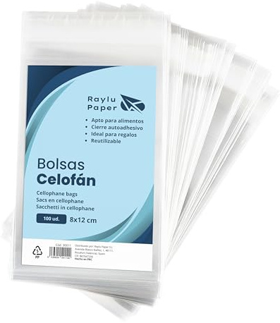 Raylu Paper® Transparenta cellofanpåsar, 100 genomskinliga självförslutande påsar, plastpåsar för presenter, fester, födelsedagar och godisar. (8 x 12 cm)