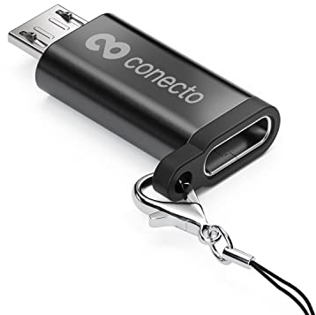 conecto Micro USB auf USB-C OTG Adapter Aluminium schwarz mit Karabiner | Mit Schlaufe zur Befestigung, geeignet für Fahrradcomputer, e-Bikes, Pedelecs und Geräte mit Micro-USB-Anschluss.