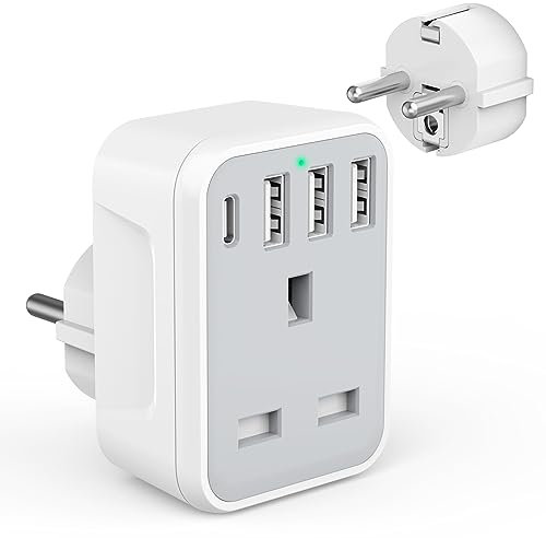 UK to European Travel Adaptor with 4 USB Ports(1 USB C), Grounded EU Euro Europe to UK Power Plug Adapter for Germany Spain France Iceland Greece Poland Netherlands Austria Turkey etc (Type E/F)