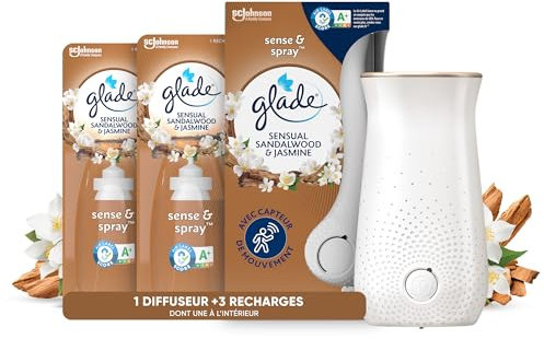 Glade Sense et Spray Diffuseur à Détection de Mouvement - Infusé Aux Huiles Essentielles - Jusqu'à 2 Mois de Parfum – Sans Parabens - Sensual Sandalwood & Jasmine - 1 Diffuseur et 3 Recharges x 18ml