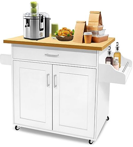 VA-Cerulean Carrello da cucina, isola da cucina con cassetto, porta asciugamani, portaspezie e piano di lavoro, mobile da cucina, carrello da cucina, carrello da cucina, carrello da cucina, bianco