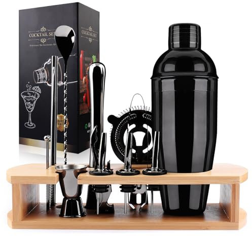 Edelstahl Cocktail Mix Set,14-Teiliges Barkeeper Set & Cocktail Shaker Set, Professionelles Mixologist-Kit mit Bambusständer, Perfekte Geschenke zu Weihnachten und als Geburtstagsgeschenke(Schwarzes)