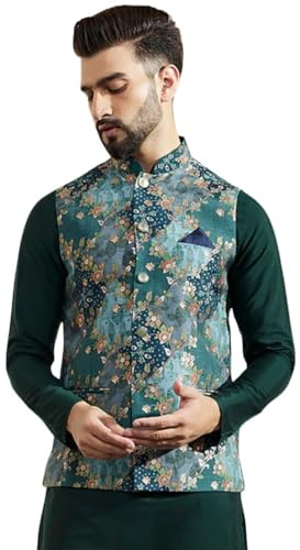 KISAH Men's Blue Printed Silk Blend Nehru Jacket- Traditional Indian Waistcoat for Weddings & Festive Occasions