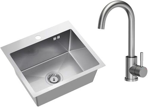 VBChome Edelstahlspüle mit Armatur 50 x 45 cm Gebürsteter Edelstahl Einbauspüle mit Hahnloch Edelstahl Küchenspüle Spüle Groß Becken Ablaufgarnitur Siphon Edelstahlspüle Gebürstet mit Armatur Inox