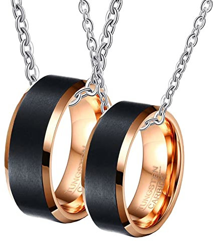 Gualiy Halskette Personalisiert Pärchen, Unisex Halskette Wolfram 8mm Rose Gold Gebürstet Ring Abgeschrägte Kantes Paar Anhänger Damen 65 + Herren 60
