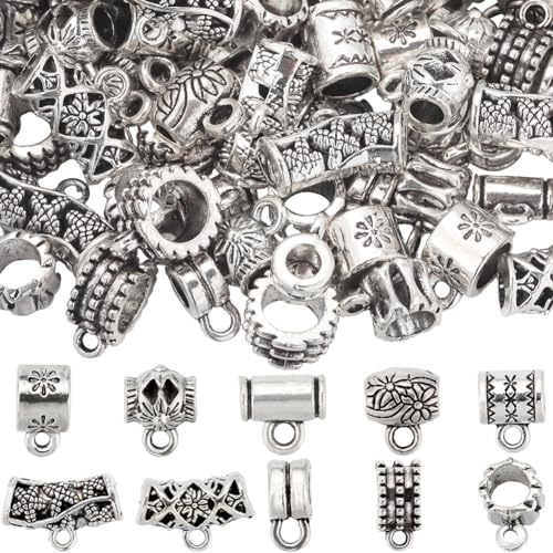 SUNNYCLUE 1 Box 10 Styles Bail Beads Silver Bail Tube Beads Bulk Tibetan Alloy Column Spacer Links Hanger Tube Charm Connector European Bead for jewellery Making DIY Bracelets Necklaces Crafts